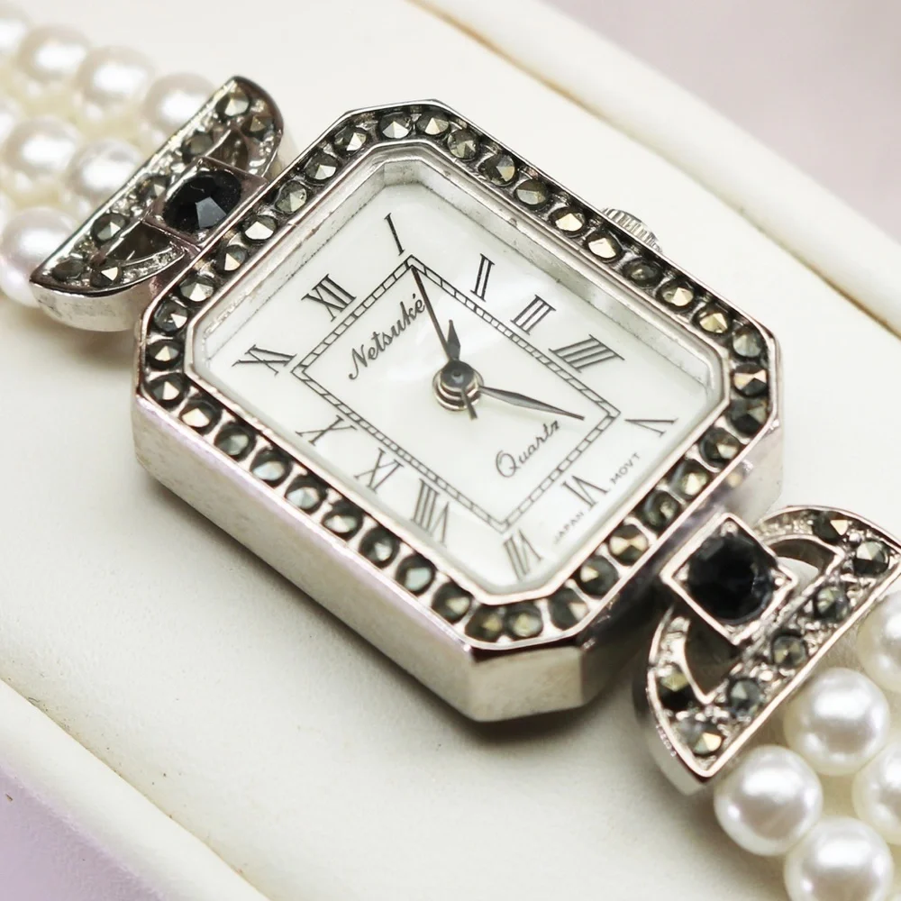 Elegant Vintage Netsuke Pearl & Marcasite Watch